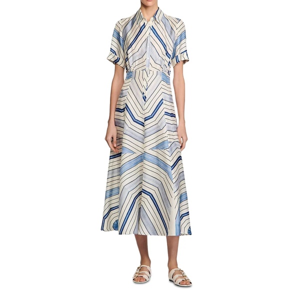 Lison Spider Blue Print Spiral Motif Silk Midi Dress - Picture 1 of 7